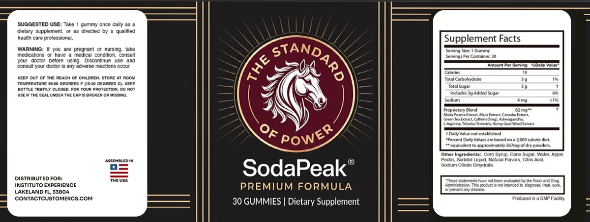 SodaPeak supplement facts label: 82 mg proprietary blend of Muira Puama, Maca, Catuaba, Green Tea, Caffeine, Ashwagandha, L-Arginine, Tribulus Terrestris and Horny Goat Weed